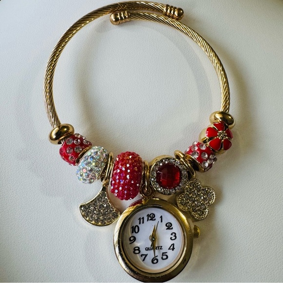Elegant Gold & Red Bohemian Charm Bracelet with Watch One Size Stainless Steel - Picture 1 of 8